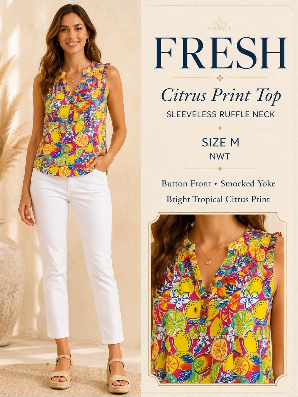 Fresh Tropical Citrus‎ Print Sleeveless Smocked Neck Top Yellow Multi Size M NWT